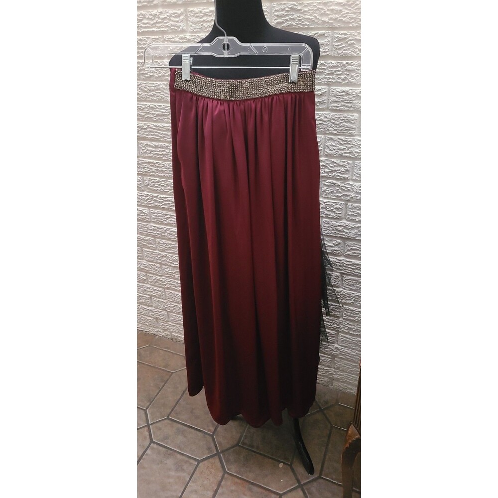 Zara Maroon Satin Silk Long Skirt W Beaded Waistband Size Small